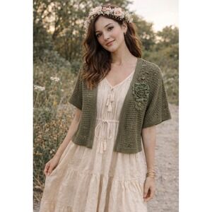 Christopher & Banks Olive Green Open Knit Short-Sleeve Cardigan